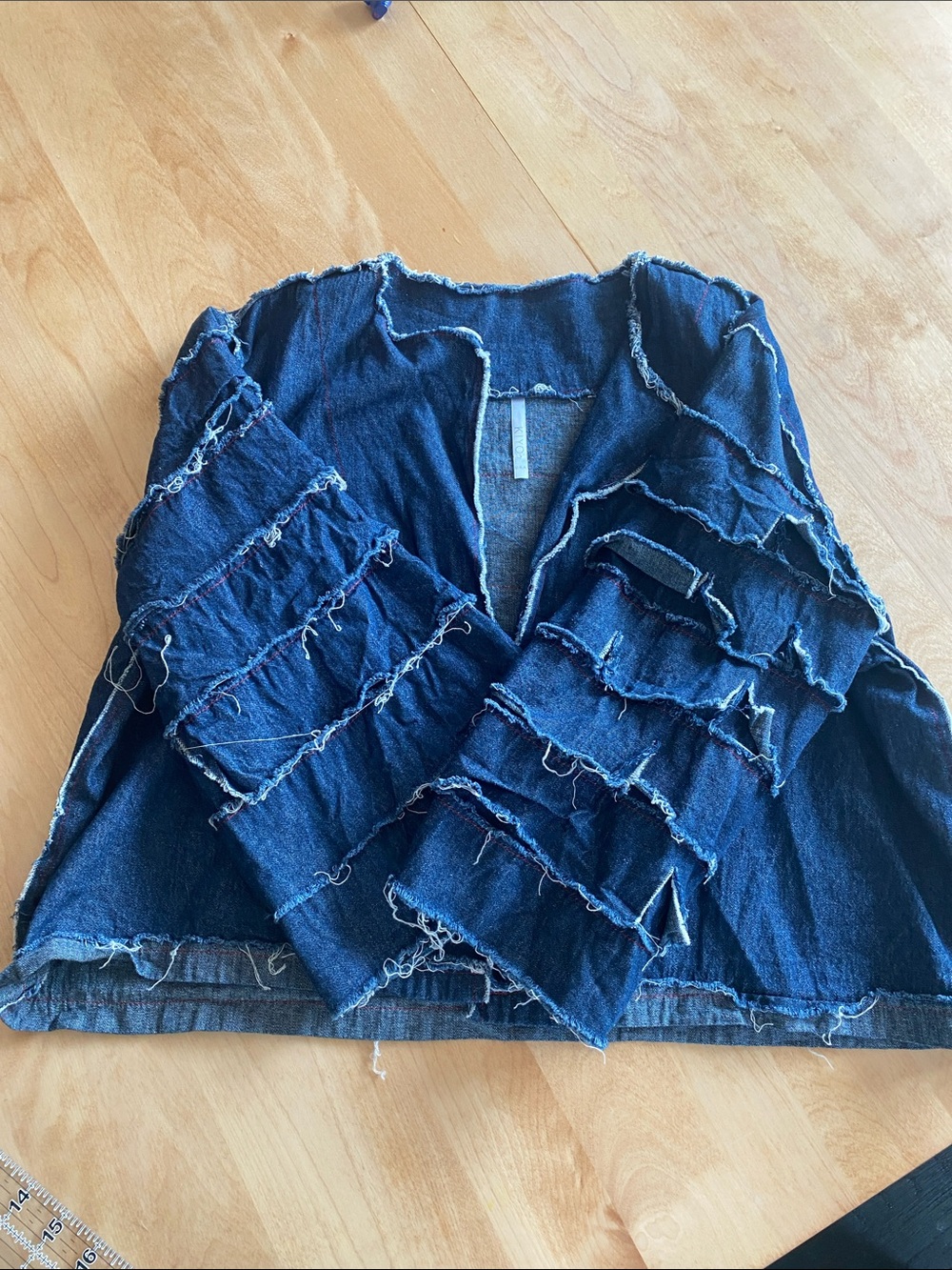 Denim Open-Front Jean Jacket with Ruffle Sleeve Detail - Dark Blue - Picture 3 of 7
